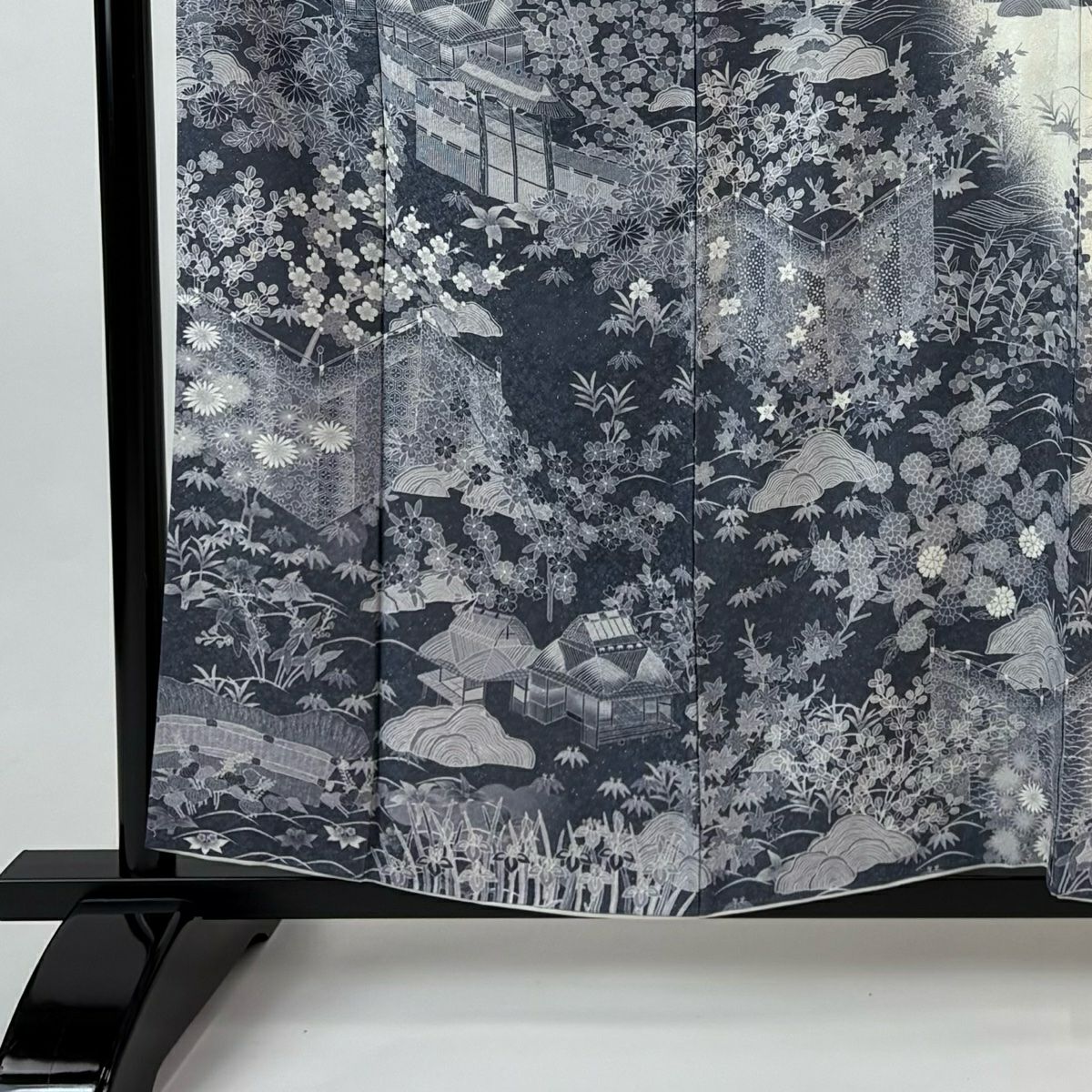 訪問服 身長158cm 袖長67.5cm L 雙層 建物 松樹竹子梅花 金銀彩 灰 純蠶絲 名品級
