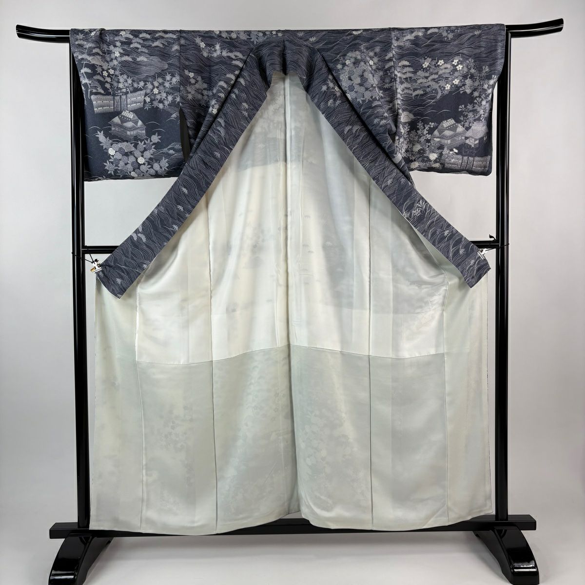 訪問服 身長158cm 袖長67.5cm L 雙層 建物 松樹竹子梅花 金銀彩 灰 純蠶絲 名品級