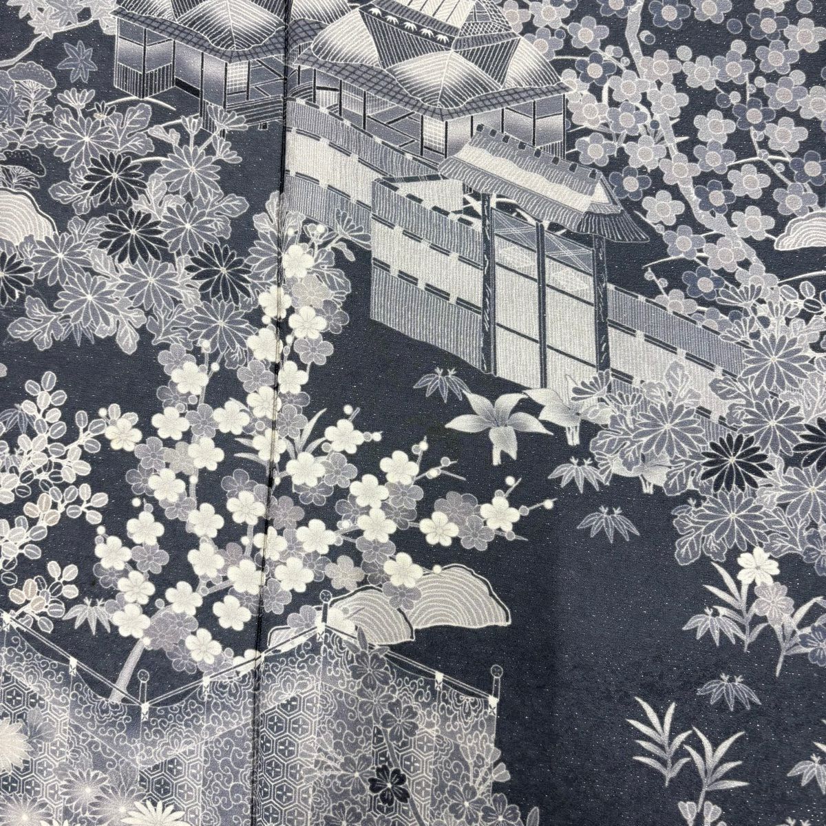 訪問服 身長158cm 袖長67.5cm L 雙層 建物 松樹竹子梅花 金銀彩 灰 純蠶絲 名品級