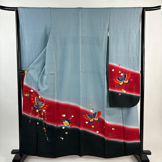振袖禮服 身長161.5cm 袖長63cm S 雙層 蝶 枝梅花 金銀彩 漸層 青灰 純蠶絲 名品級