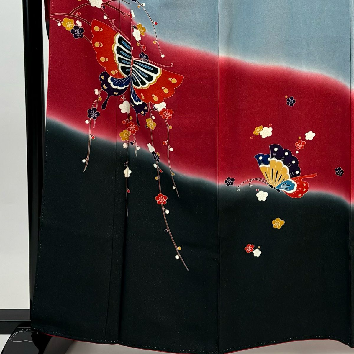 振袖禮服 身長161.5cm 袖長63cm S 雙層 蝶 枝梅花 金銀彩 漸層 青灰 純蠶絲 名品級