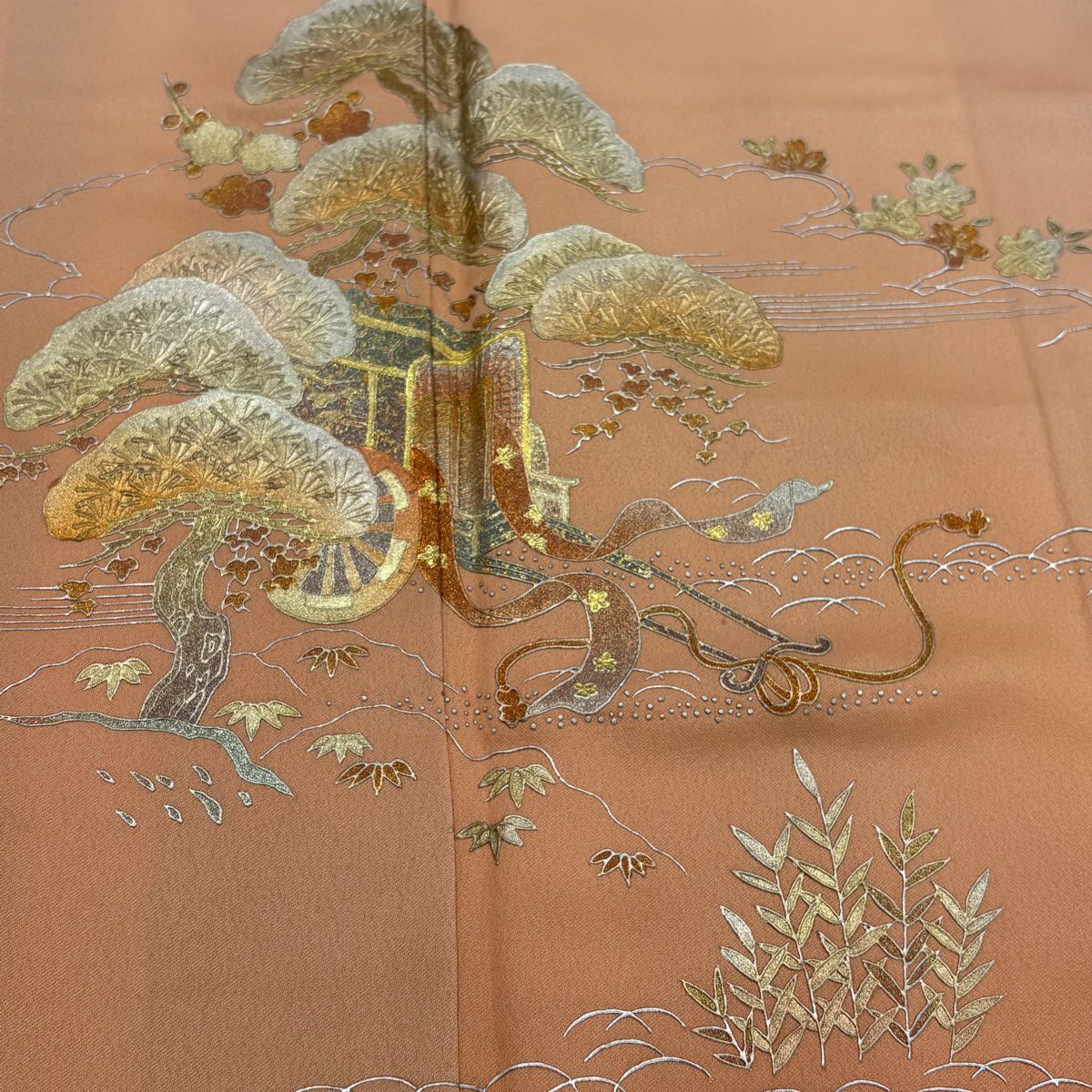 付下 身長157cm 袖長64cm M 雙層 和田光正 落款御所車 松樹竹子梅花 金銀彩 漸層 橙色 純蠶絲 名品級