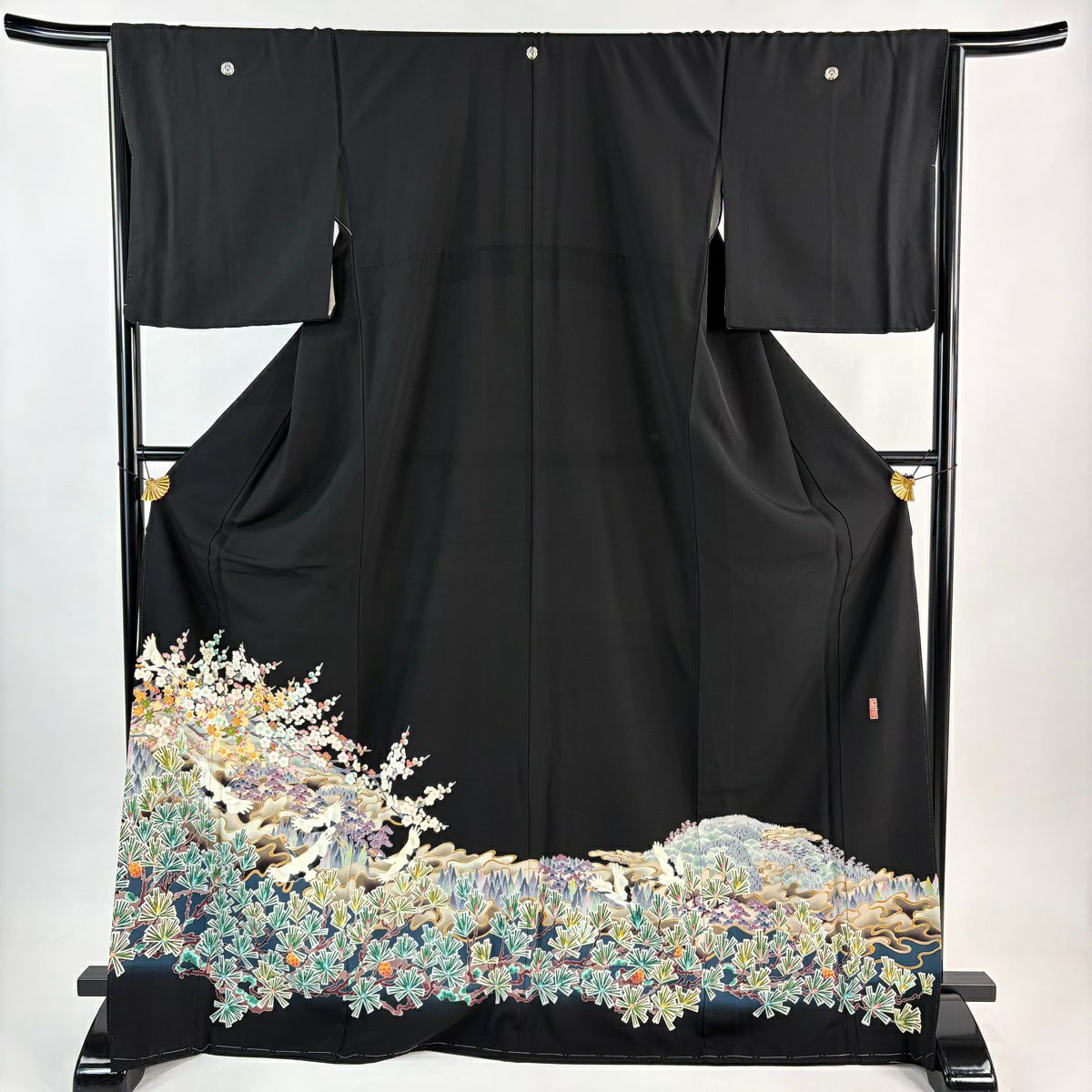 黑留袖禮服 身長168.5cm 袖長66.5cm M 雙層 附款式 松樹 梅花 黑 純蠶絲 名品級