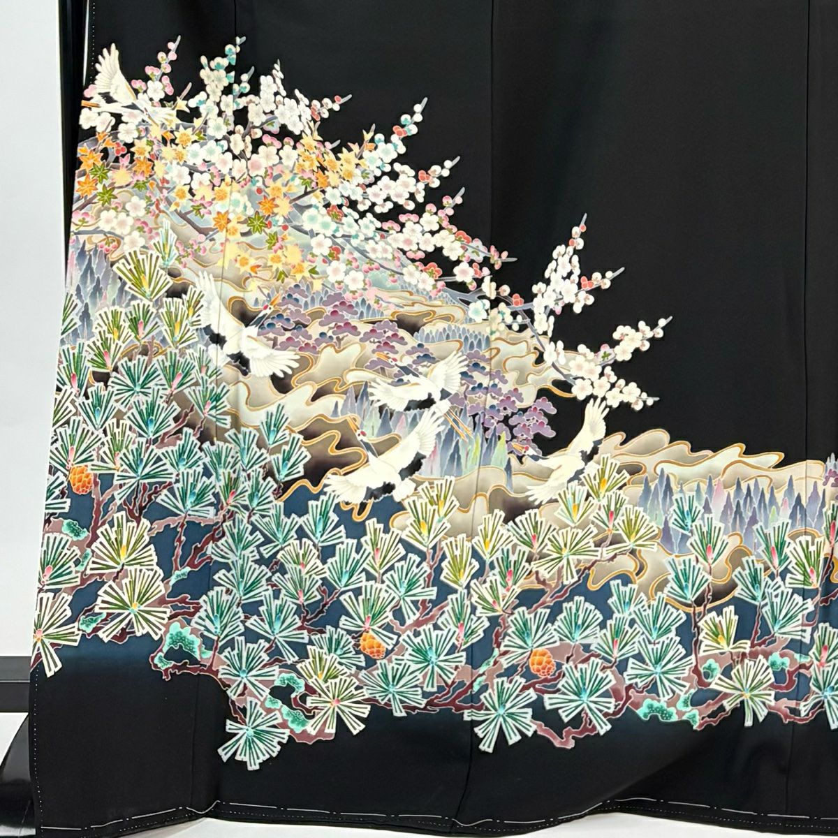 黑留袖禮服 身長168.5cm 袖長66.5cm M 雙層 附款式 松樹 梅花 黑 純蠶絲 名品級