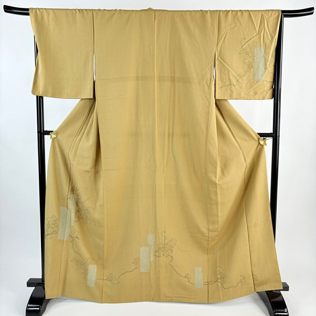 付下 身長164.5cm 袖長67.5cm L 雙層 落款 葡萄 短冊 絞染 刺繡 山吹茶 純蠶絲 名品級