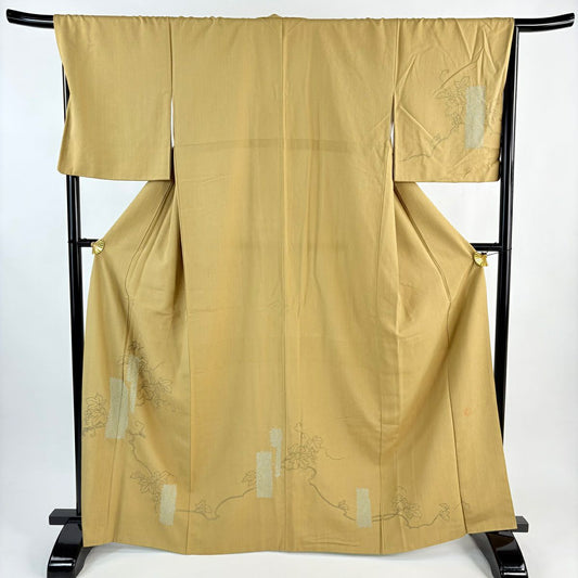 付下 身長164.5cm 袖長67.5cm L 雙層 落款 葡萄 短冊 絞染 刺繡 山吹茶 純蠶絲 名品級