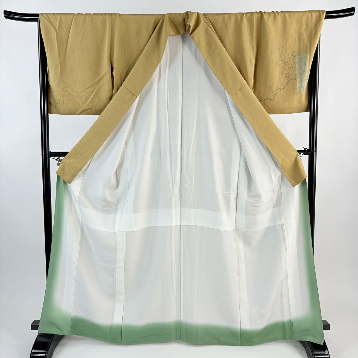 付下 身長164.5cm 袖長67.5cm L 雙層 落款 葡萄 短冊 絞染 刺繡 山吹茶 純蠶絲 名品級