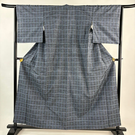 【美品】 紬織 身長158.5cm 袖長63cm S 雙層 格子 幾何學 青灰 純蠶絲 名品級