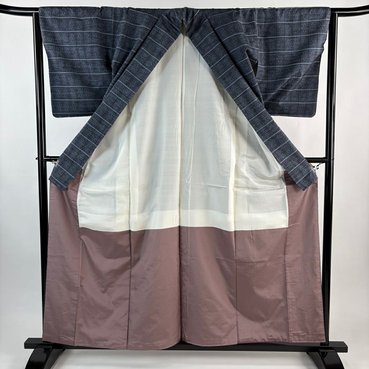 【美品】 紬織 身長158.5cm 袖長63cm S 雙層 格子 幾何學 青灰 純蠶絲 名品級