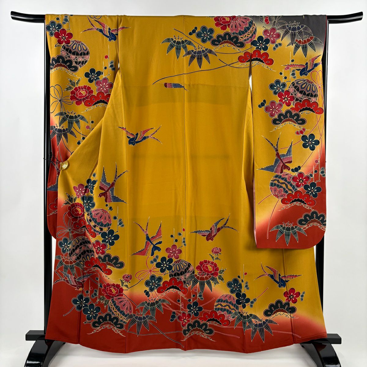 【美品】振袖禮服 身長162cm 袖長68cm L 雙層 松樹竹子梅花 手鞠 漸層 染分 山吹茶 純蠶絲 名品級