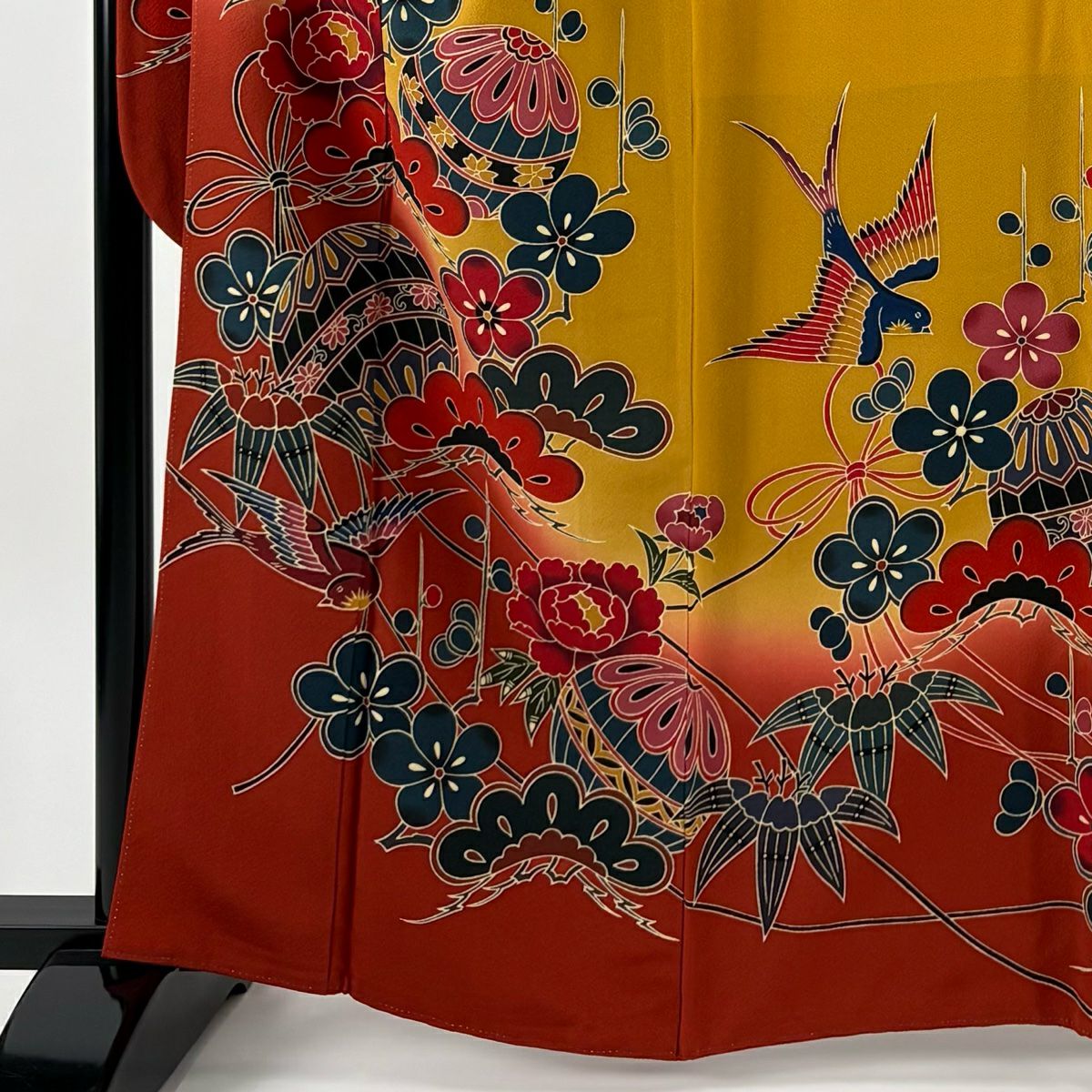 【美品】振袖禮服 身長162cm 袖長68cm L 雙層 松樹竹子梅花 手鞠 漸層 染分 山吹茶 純蠶絲 名品級