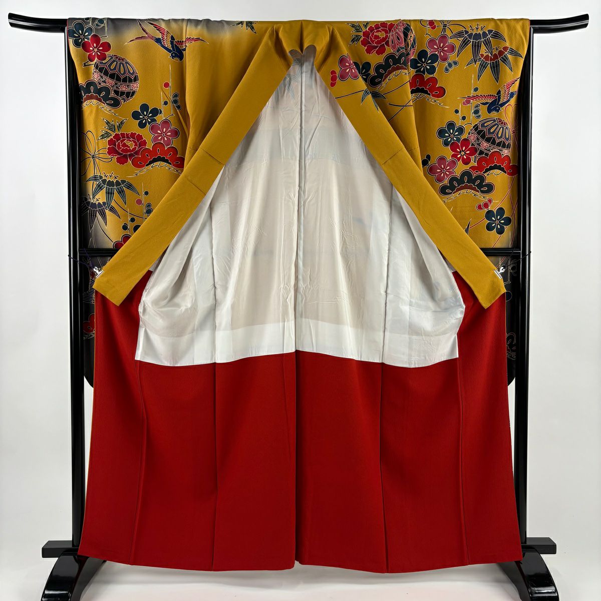 【美品】振袖禮服 身長162cm 袖長68cm L 雙層 松樹竹子梅花 手鞠 漸層 染分 山吹茶 純蠶絲 名品級