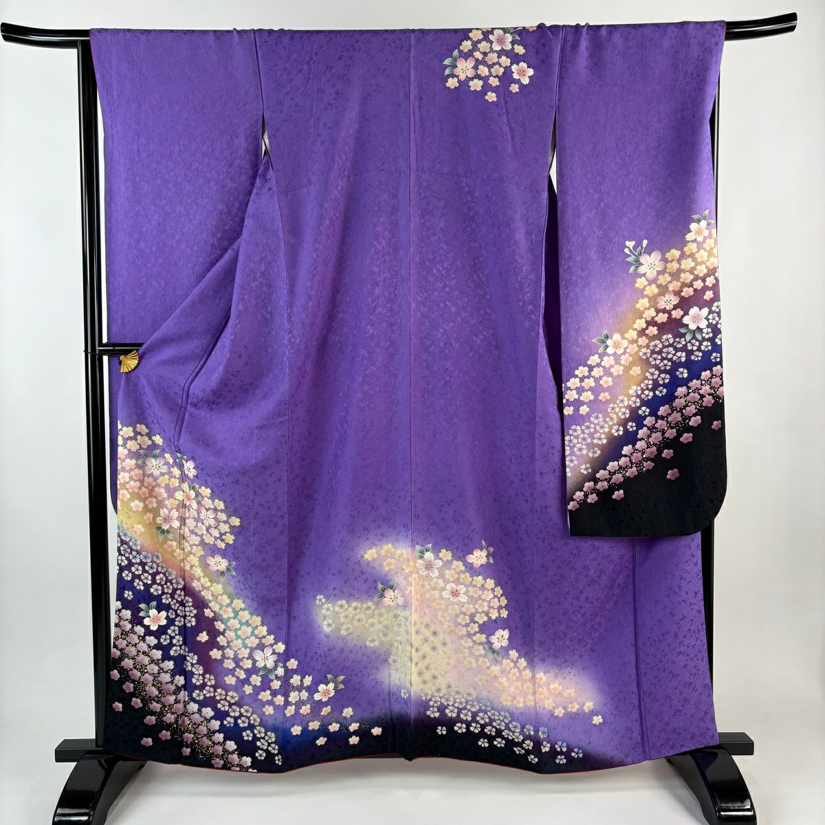 振袖禮服 身長161.5cm 袖長68.5cm L 雙層 櫻花 梅花花 金絲 金銀彩 紫 純蠶絲 名品級