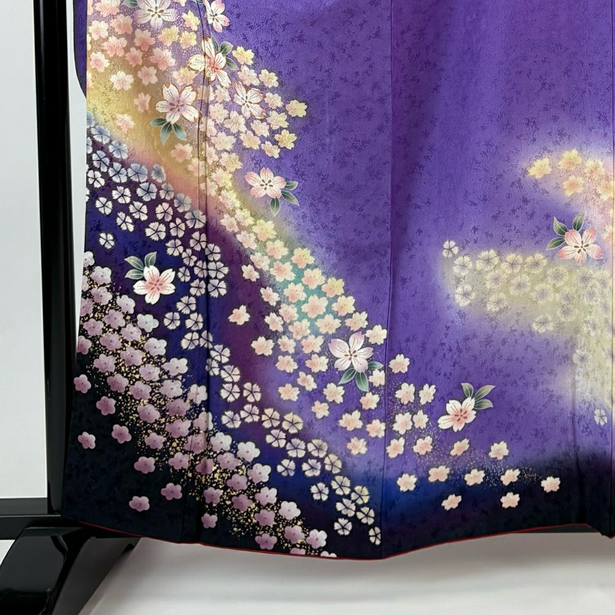 振袖禮服 身長161.5cm 袖長68.5cm L 雙層 櫻花 梅花花 金絲 金銀彩 紫 純蠶絲 名品級