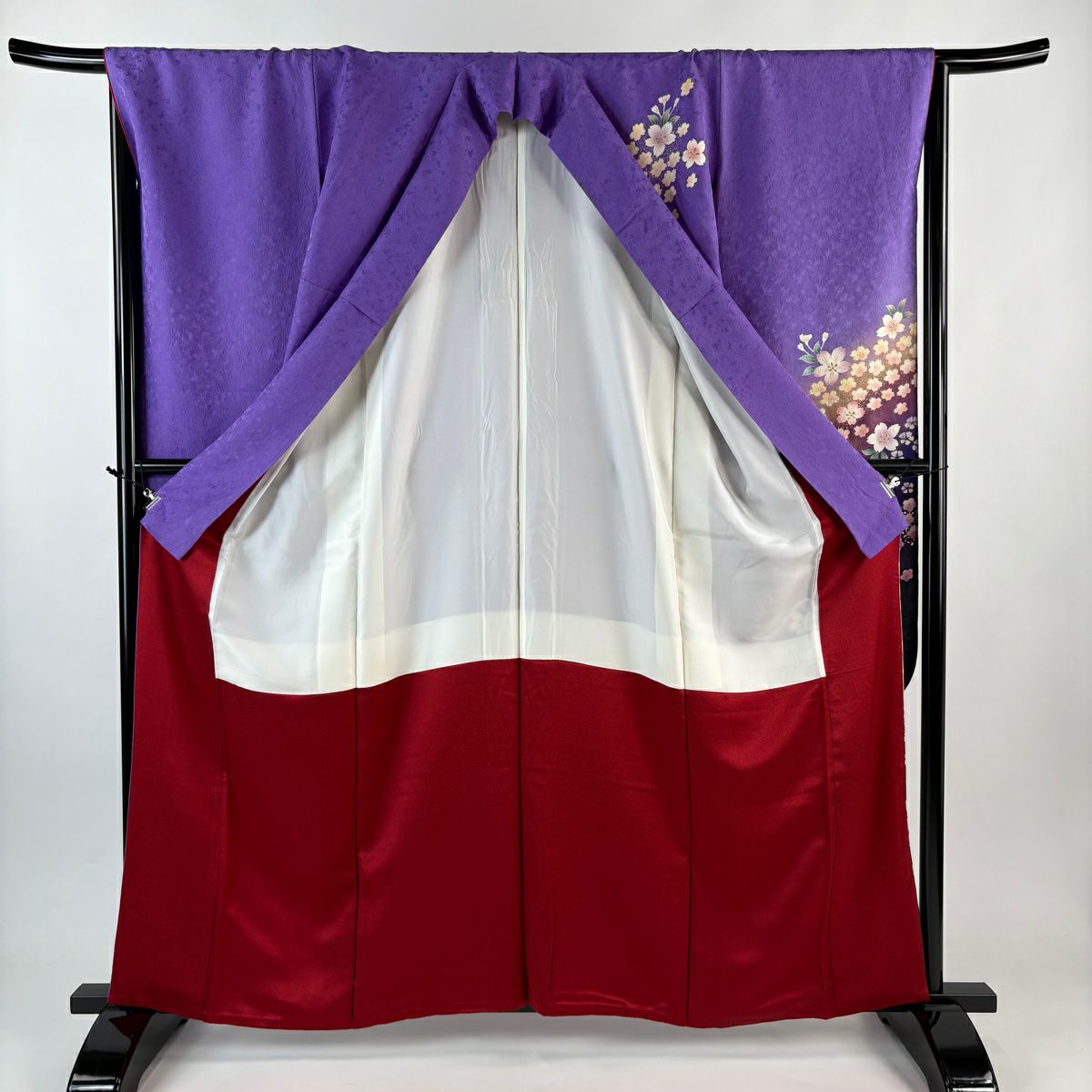 振袖禮服 身長161.5cm 袖長68.5cm L 雙層 櫻花 梅花花 金絲 金銀彩 紫 純蠶絲 名品級