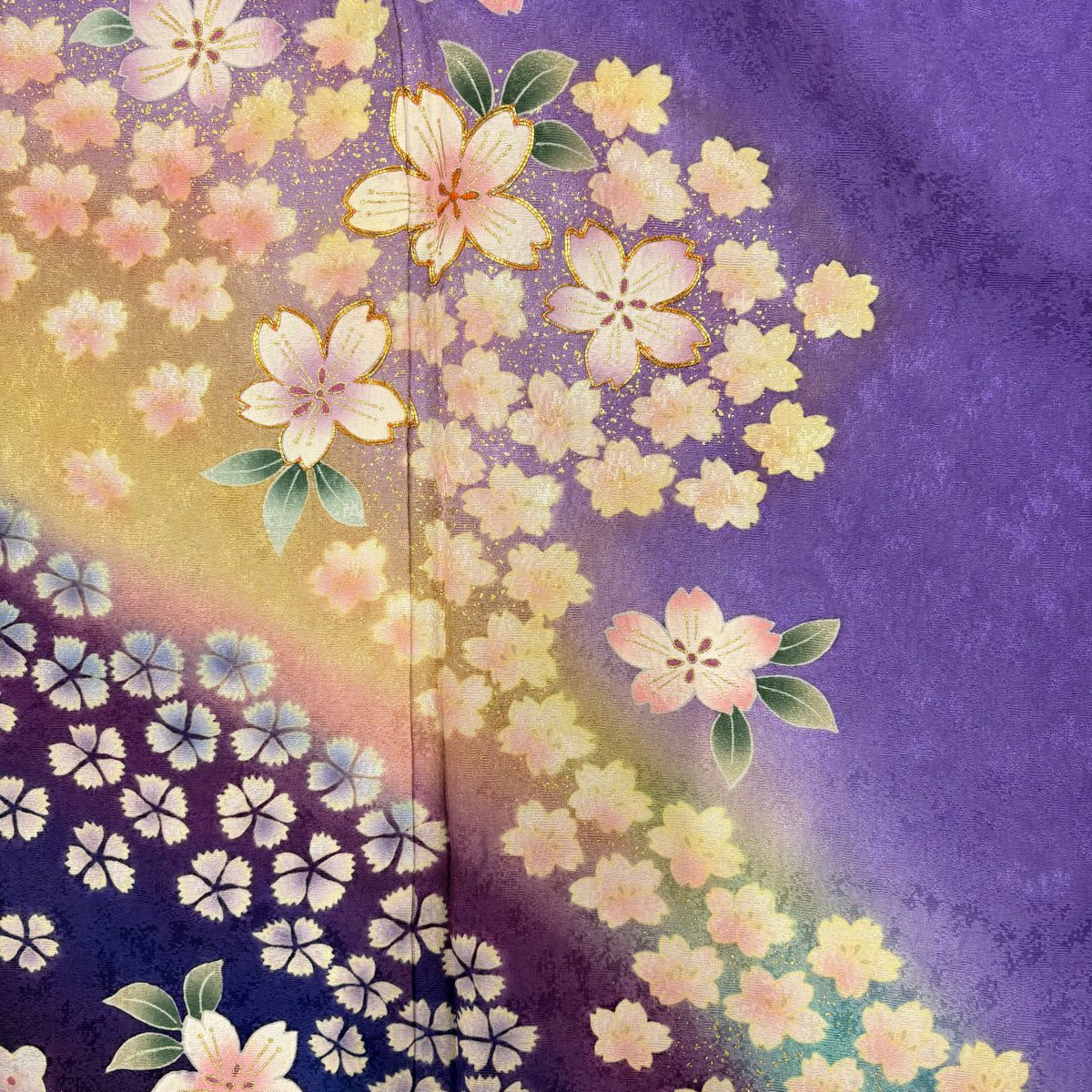 振袖禮服 身長161.5cm 袖長68.5cm L 雙層 櫻花 梅花花 金絲 金銀彩 紫 純蠶絲 名品級