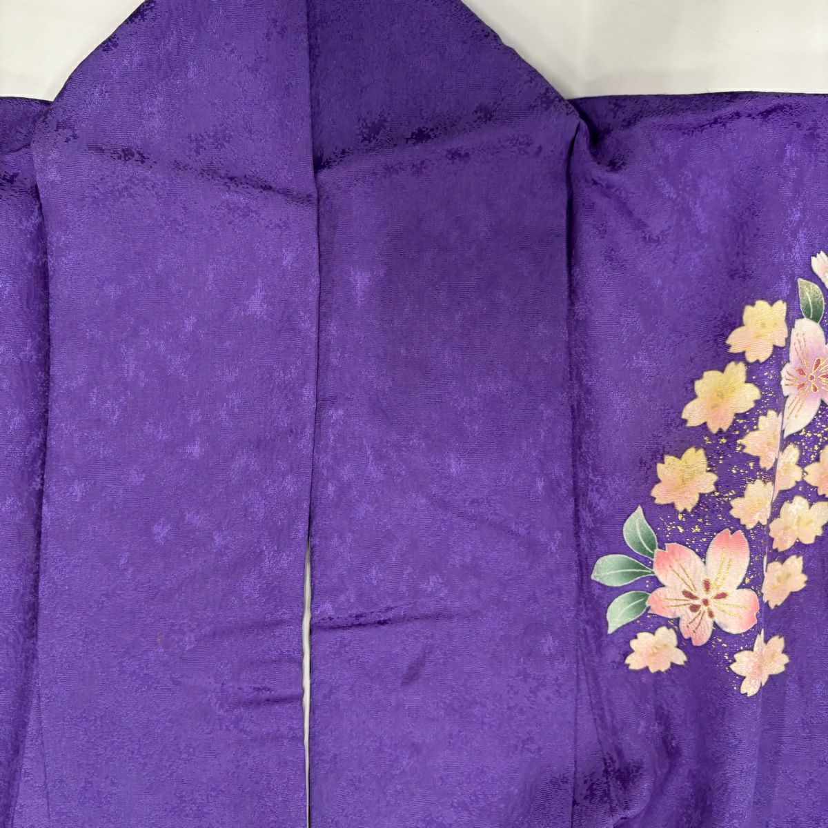 振袖禮服 身長161.5cm 袖長68.5cm L 雙層 櫻花 梅花花 金絲 金銀彩 紫 純蠶絲 名品級