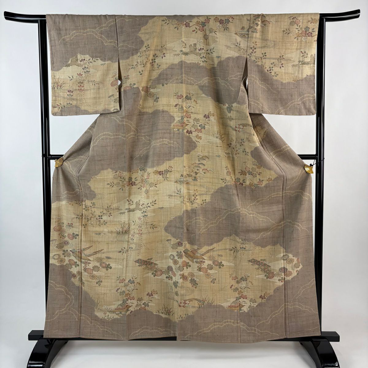 【美品】訪問服 身長161cm 袖長64cm M 雙層 紬織織 草花紋紋 建物 薄茶 純蠶絲 名品級