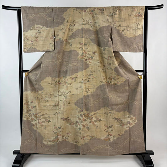 【美品】訪問服 身長161cm 袖長64cm M 雙層 紬織織 草花紋紋 建物 薄茶 純蠶絲 名品級
