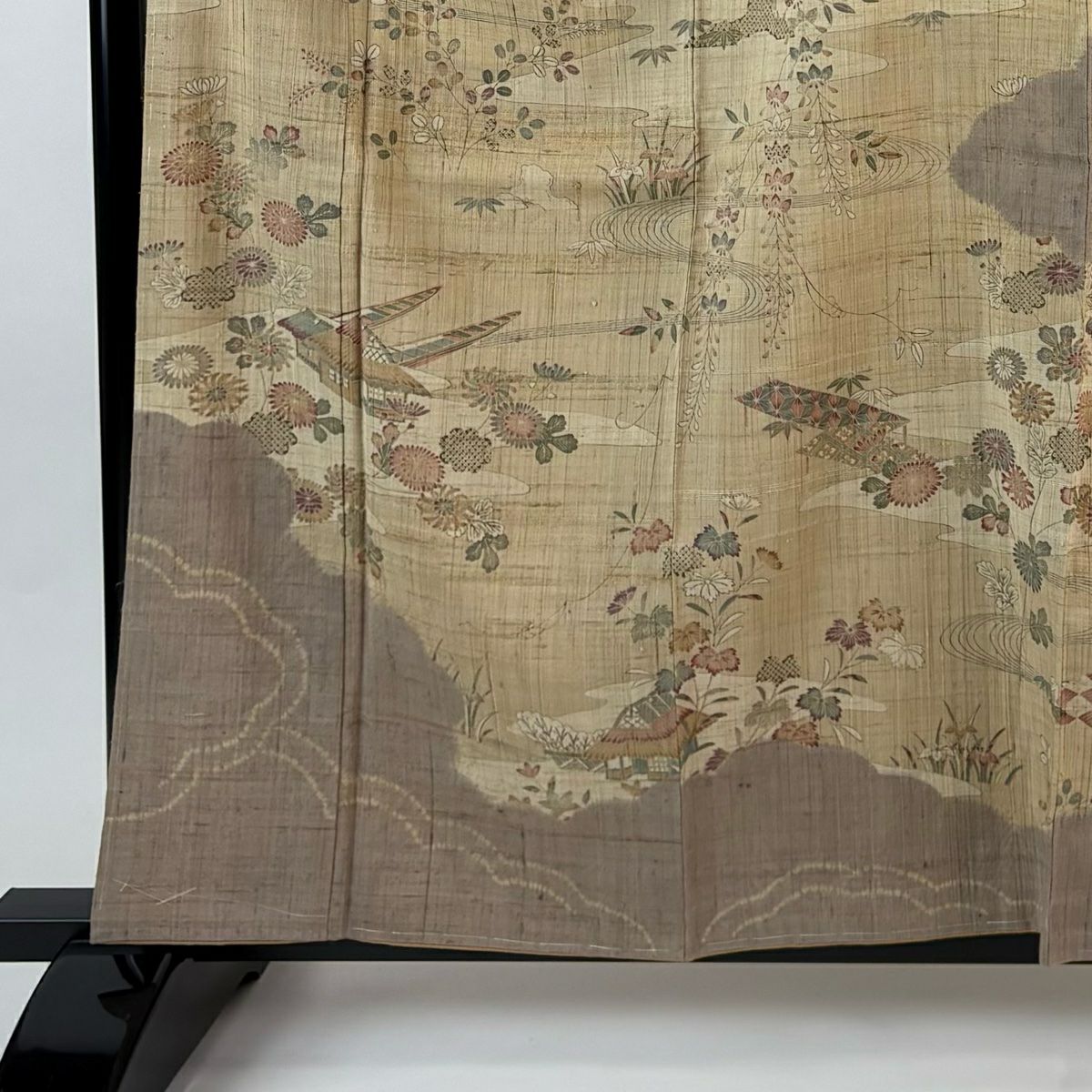 【美品】訪問服 身長161cm 袖長64cm M 雙層 紬織織 草花紋紋 建物 薄茶 純蠶絲 名品級