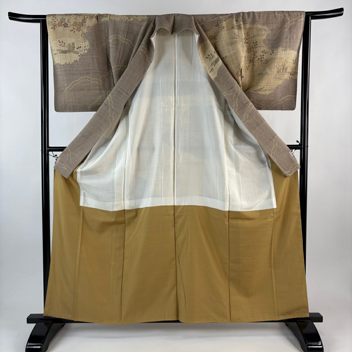 【美品】訪問服 身長161cm 袖長64cm M 雙層 紬織織 草花紋紋 建物 薄茶 純蠶絲 名品級