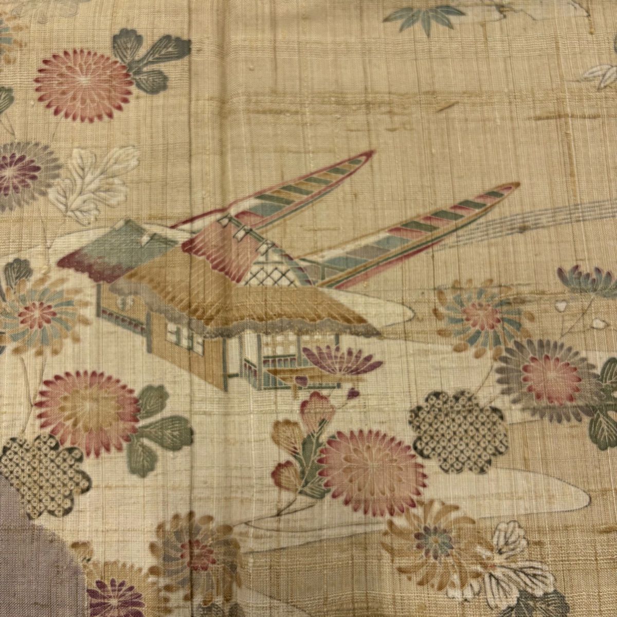 【美品】訪問服 身長161cm 袖長64cm M 雙層 紬織織 草花紋紋 建物 薄茶 純蠶絲 名品級
