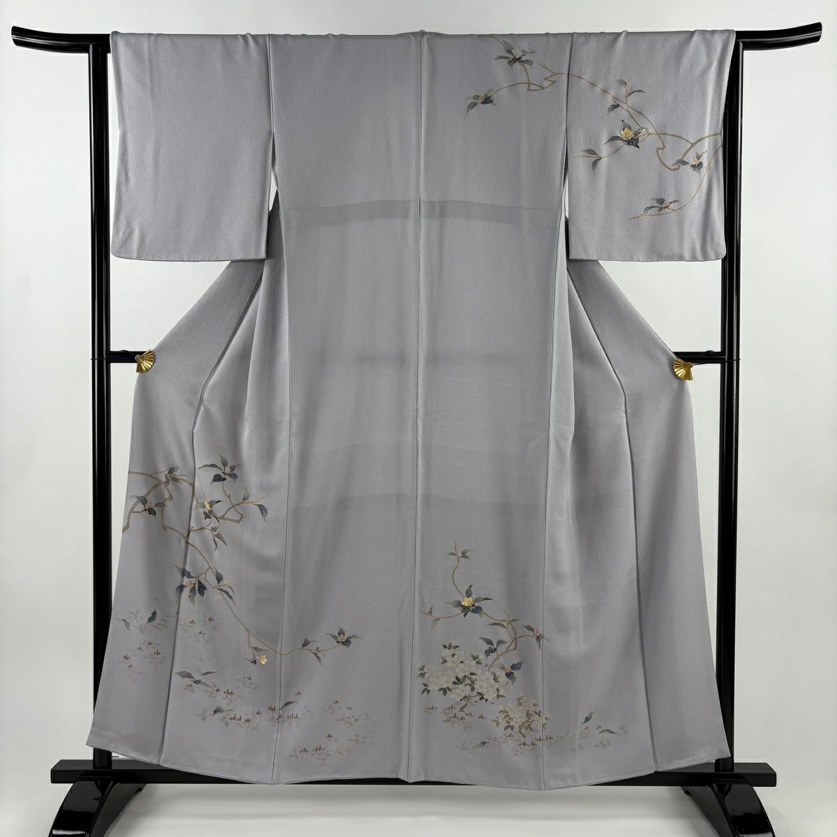 【美品】訪問服 身長157cm 袖長64.5cm M 雙層 枝花 螺鈿 金彩裝飾 灰紫 純蠶絲 名品級