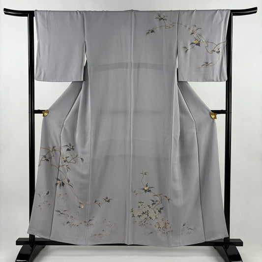【美品】訪問服 身長157cm 袖長64.5cm M 雙層 枝花 螺鈿 金彩裝飾 灰紫 純蠶絲 名品級