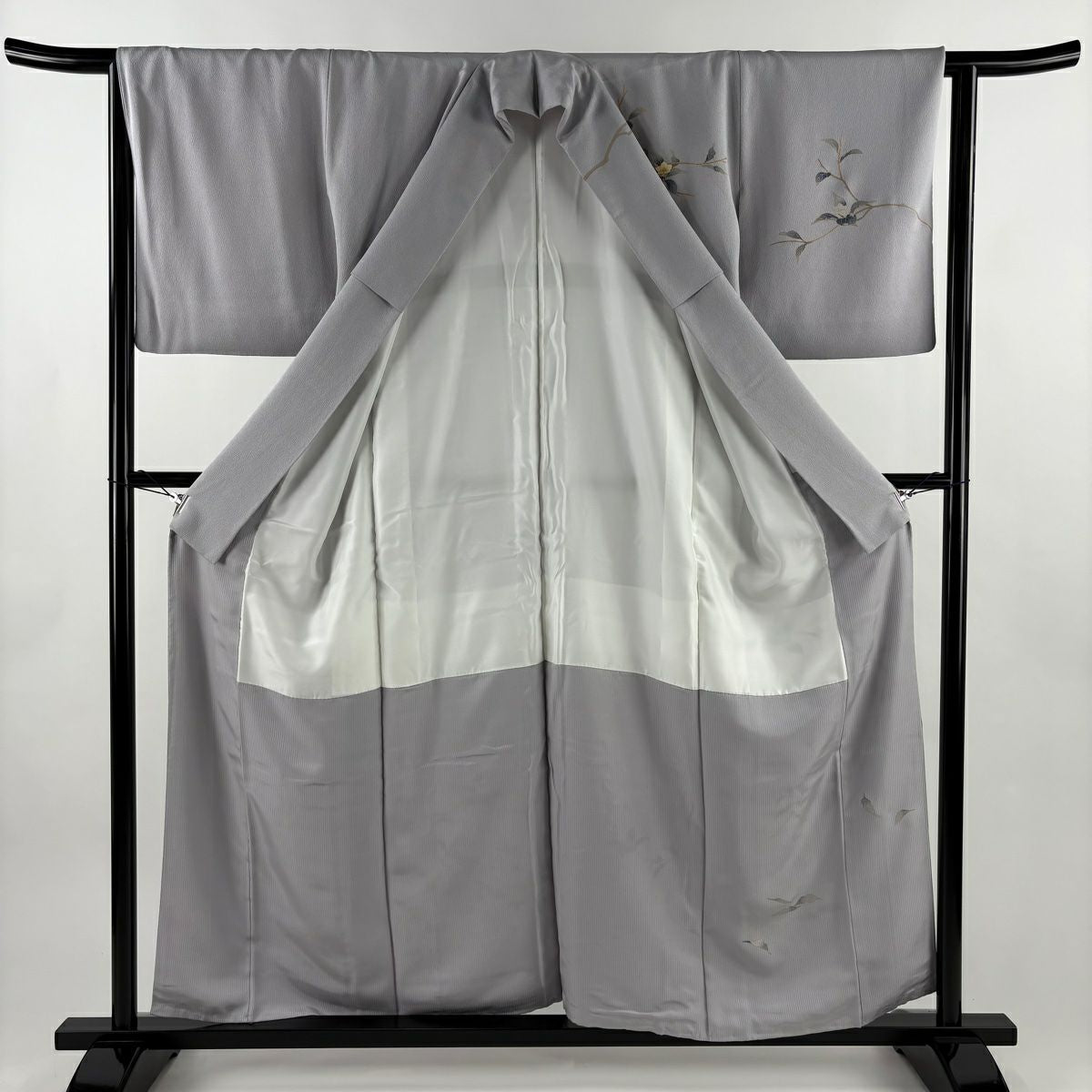 【美品】訪問服 身長157cm 袖長64.5cm M 雙層 枝花 螺鈿 金彩裝飾 灰紫 純蠶絲 名品級