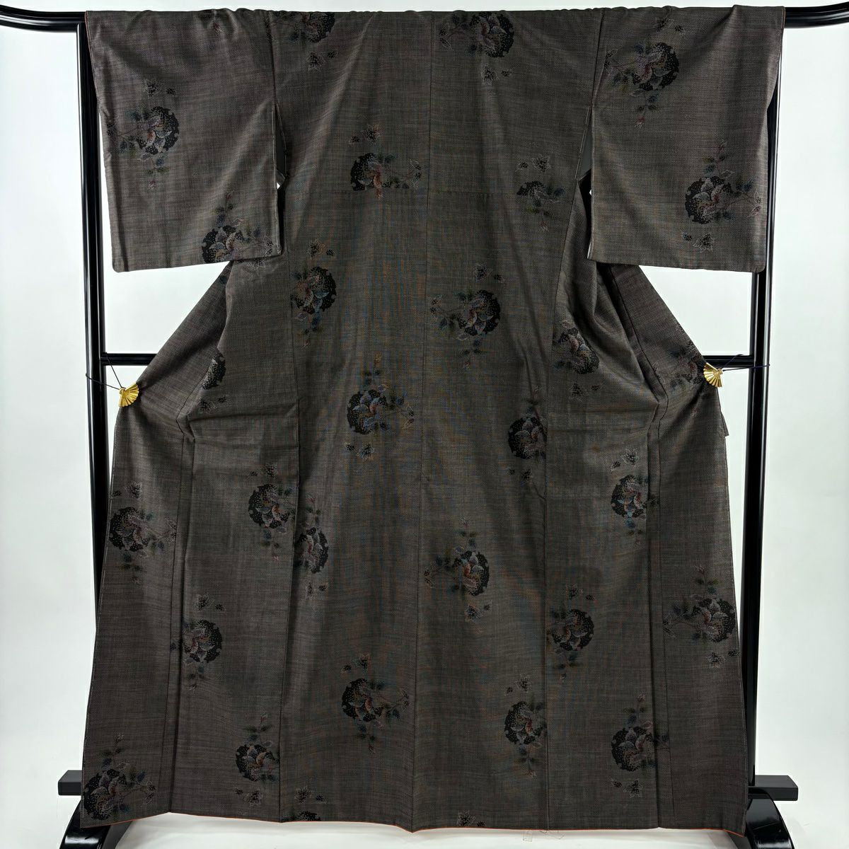 【美品】 大島織 身長166.5cm 袖長66.5cm M 雙層 純泥染 證書附帶 雪輪 草花紋紋 焦茶 純蠶絲 名品級
