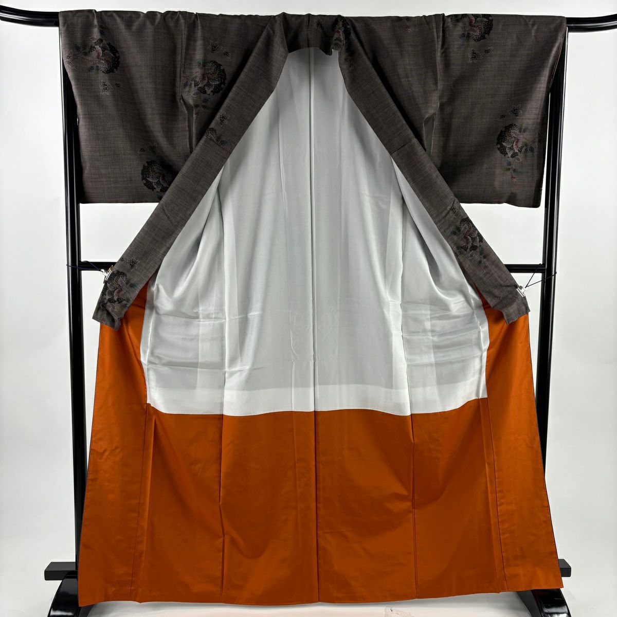 【美品】 大島織 身長166.5cm 袖長66.5cm M 雙層 純泥染 證書附帶 雪輪 草花紋紋 焦茶 純蠶絲 名品級