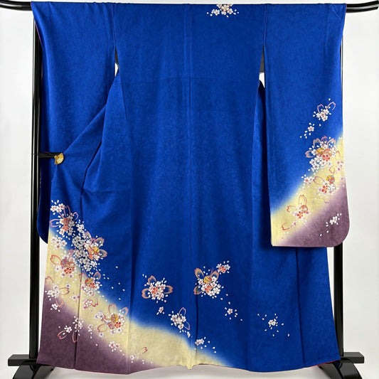 【美品】振袖禮服 身長161cm 袖長68cm L 雙層 櫻花 鈴 金絲 金銀彩 藍 純蠶絲 名品級