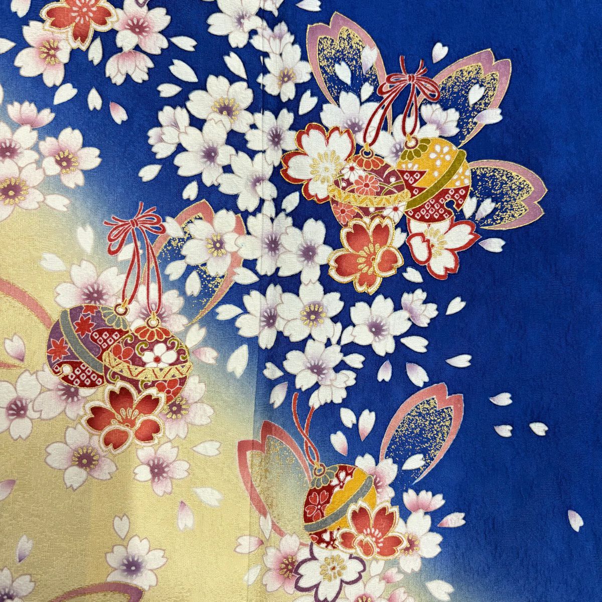 【美品】振袖禮服 身長161cm 袖長68cm L 雙層 櫻花 鈴 金絲 金銀彩 藍 純蠶絲 名品級