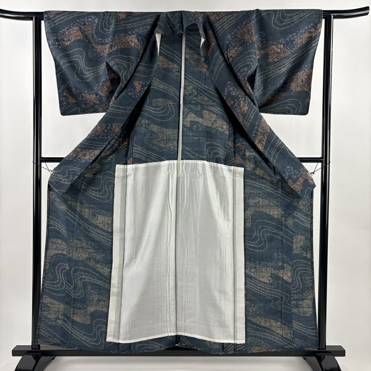 小紋 身長160cm 袖長61.5cm S 單層 紬織織 草花紋紋 波 青灰 純蠶絲 名品級