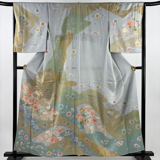 【美品】訪問服 身長159cm 袖長66cm M 雙層 草花紋紋 蝶 金彩裝飾 灰色 純蠶絲 名品級