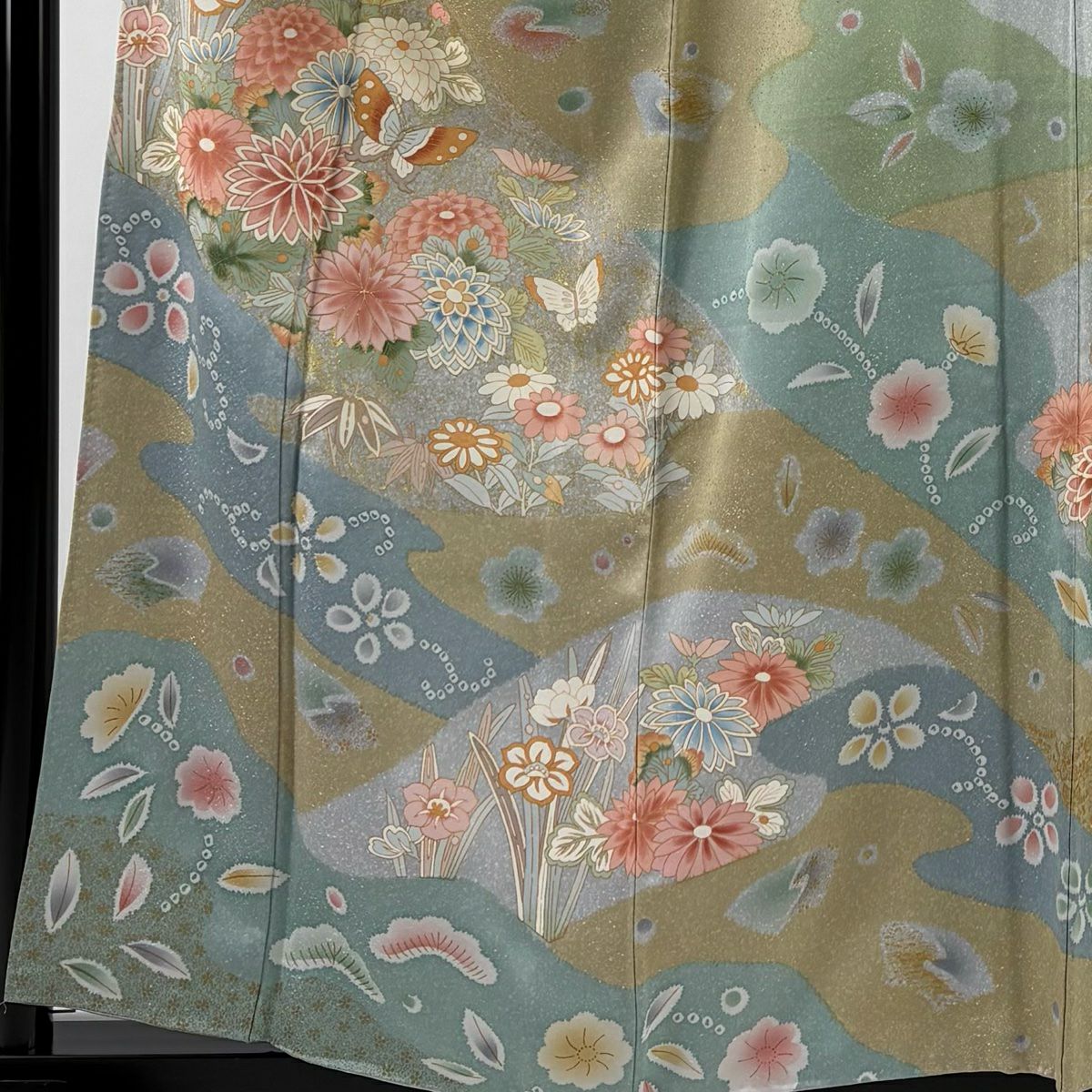 【美品】訪問服 身長159cm 袖長66cm M 雙層 草花紋紋 蝶 金彩裝飾 灰色 純蠶絲 名品級
