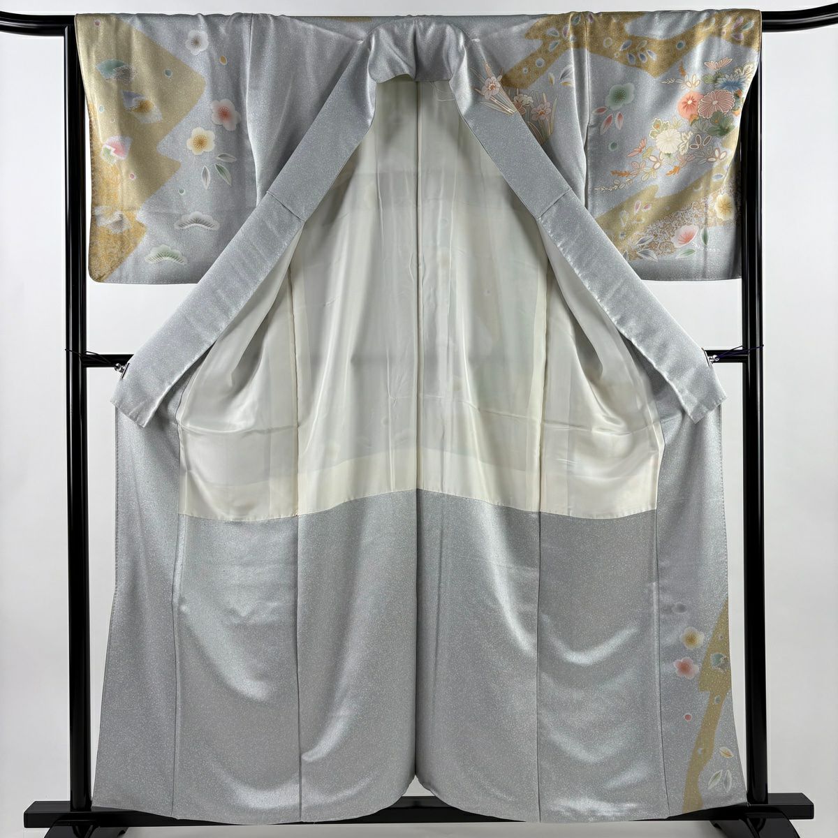 【美品】訪問服 身長159cm 袖長66cm M 雙層 草花紋紋 蝶 金彩裝飾 灰色 純蠶絲 名品級