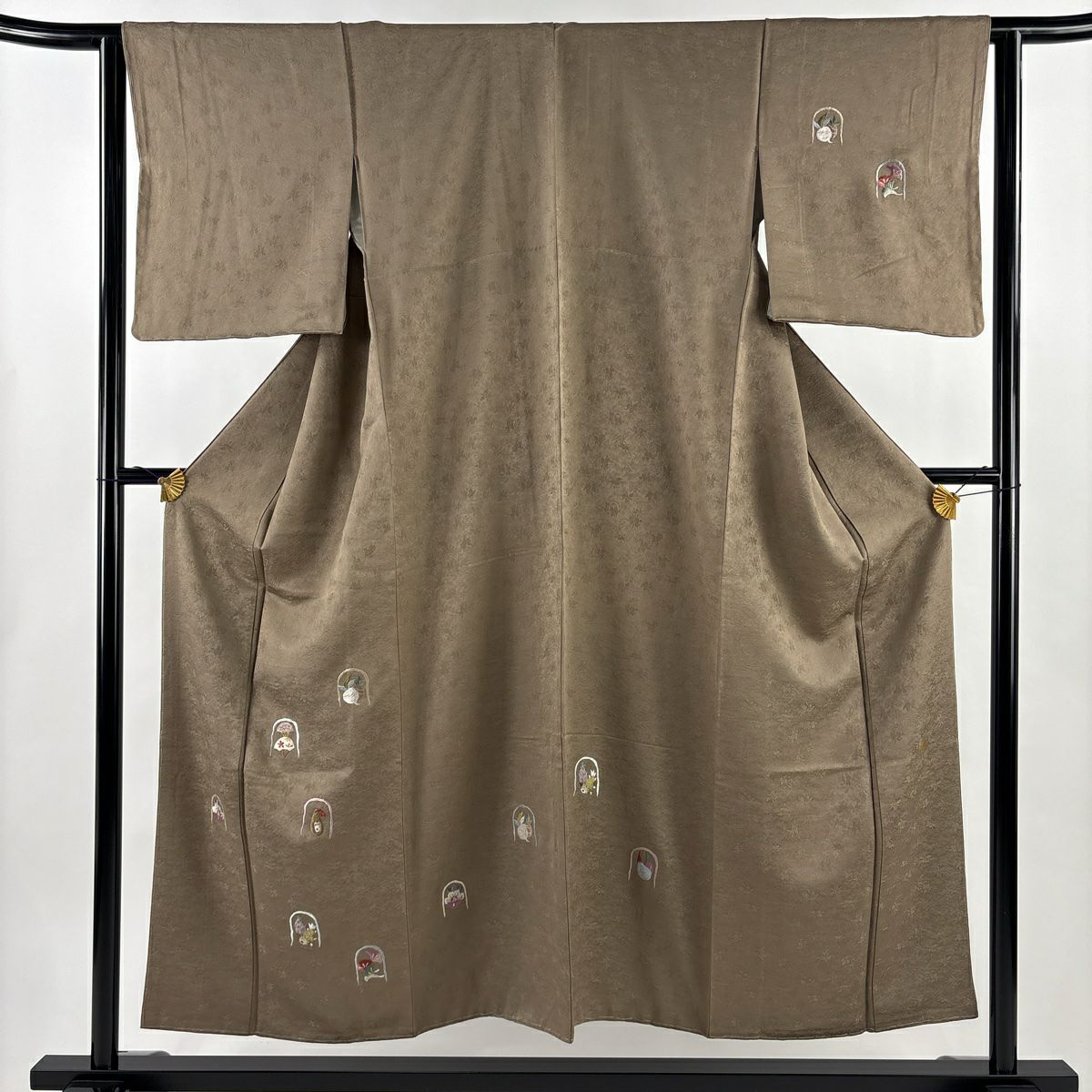 【美品】 付下 身長152.5cm 袖長62.5cm S 雙層 落款あり 生織 地紋 金絲 刺繡 灰茶 純蠶絲 名品級