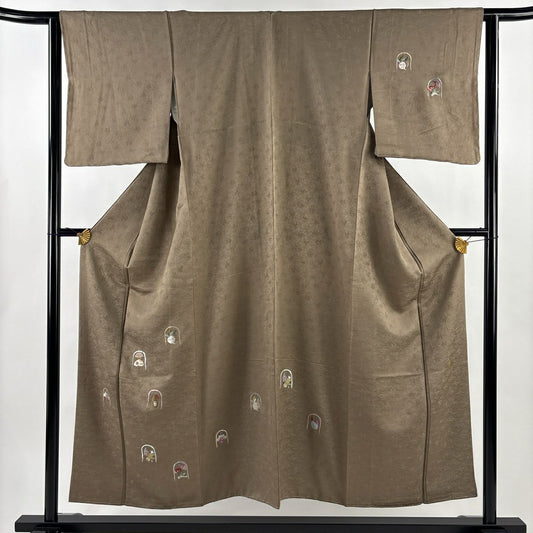 【美品】 付下 身長152.5cm 袖長62.5cm S 雙層 落款あり 生織 地紋 金絲 刺繡 灰茶 純蠶絲 名品級