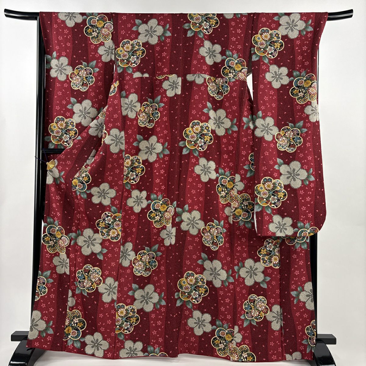 【美品】振袖禮服 身長166cm 袖長68cm L 雙層 草花紋紋 櫻花 銀通 金銀彩 深紅 純蠶絲 名品級