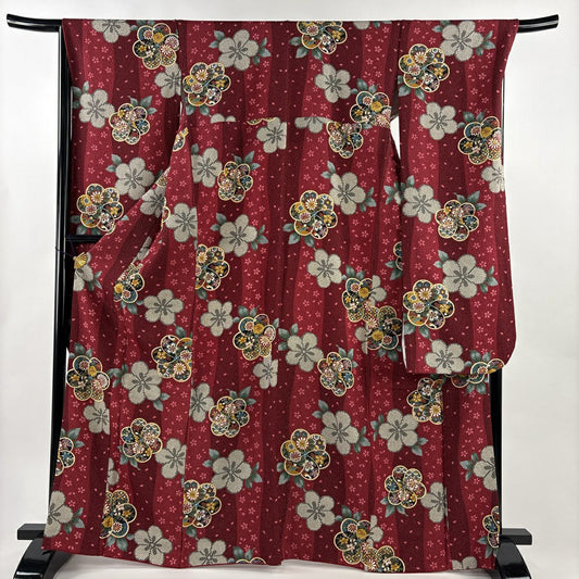 【美品】振袖禮服 身長166cm 袖長68cm L 雙層 草花紋紋 櫻花 銀通 金銀彩 深紅 純蠶絲 名品級