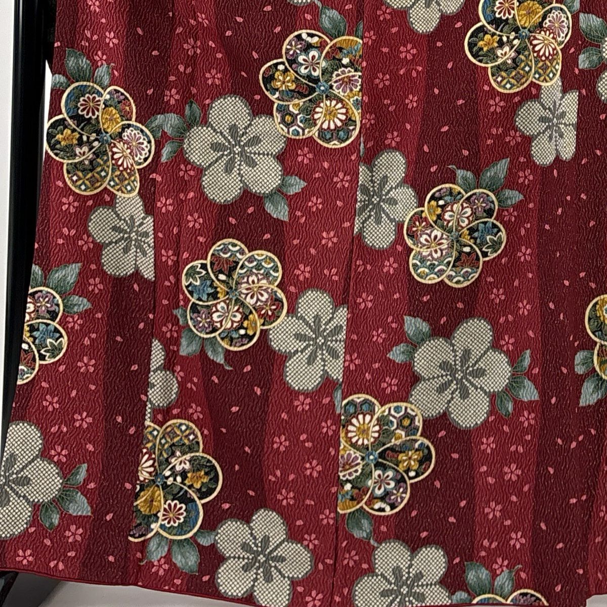 【美品】振袖禮服 身長166cm 袖長68cm L 雙層 草花紋紋 櫻花 銀通 金銀彩 深紅 純蠶絲 名品級