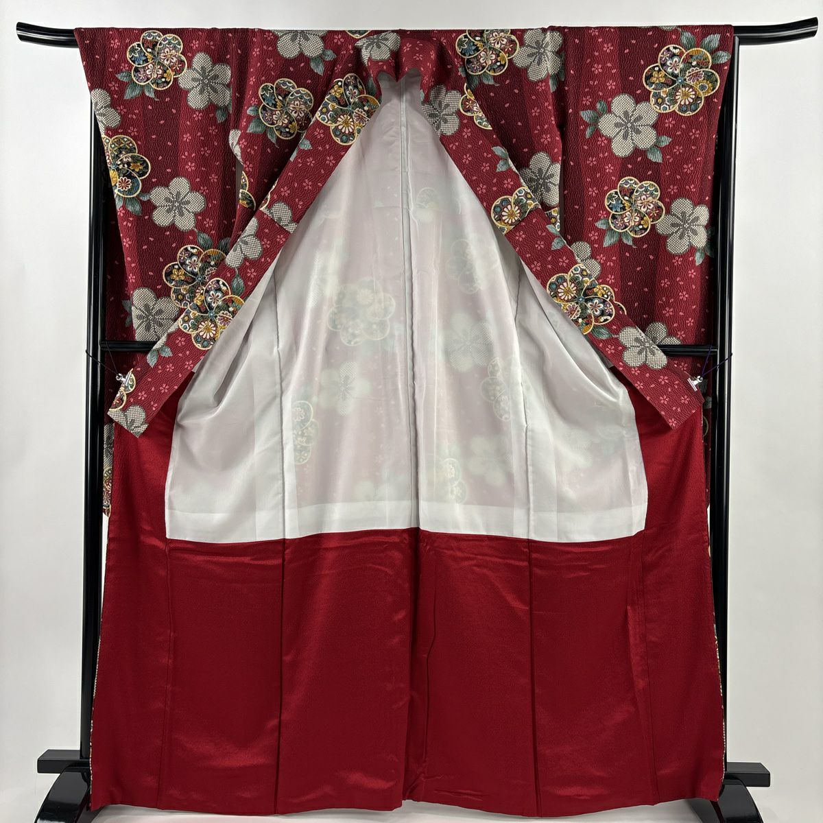 【美品】振袖禮服 身長166cm 袖長68cm L 雙層 草花紋紋 櫻花 銀通 金銀彩 深紅 純蠶絲 名品級