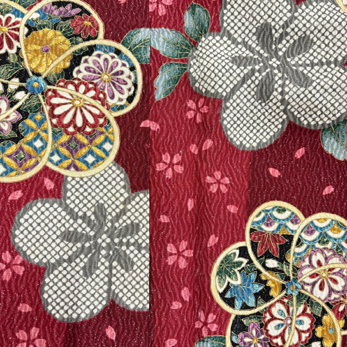 【美品】振袖禮服 身長166cm 袖長68cm L 雙層 草花紋紋 櫻花 銀通 金銀彩 深紅 純蠶絲 名品級