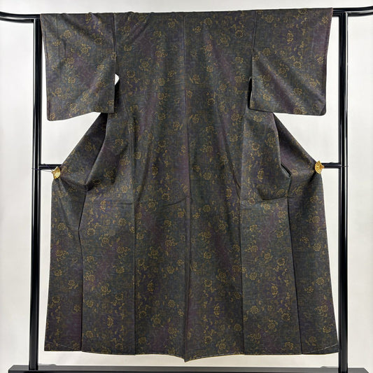 【美品】 紬織 身長152.5cm 袖長62.5cm S 雙層 草花紋 茶紫 純蠶絲 名品級