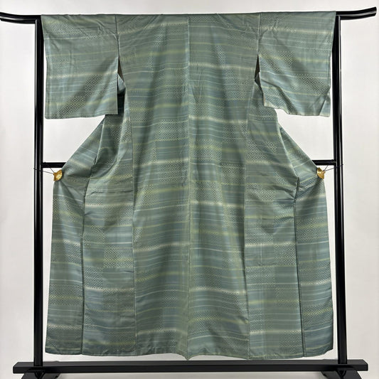 小紋 身長155.5cm 袖長64cm M 單層 紬織織 菱紋 縞紋 刺繡 灰綠 純蠶絲 名品級