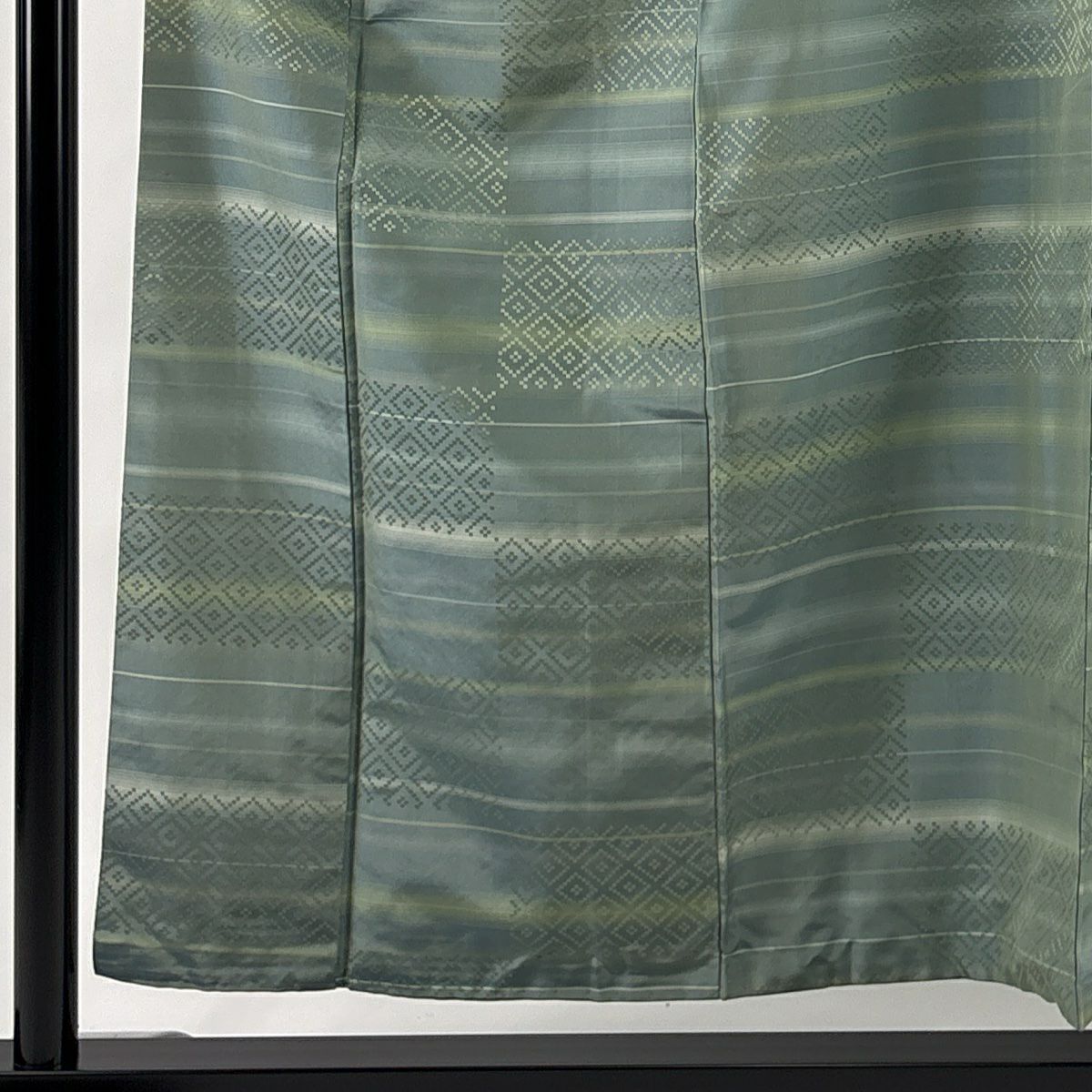 小紋 身長155.5cm 袖長64cm M 單層 紬織織 菱紋 縞紋 刺繡 灰綠 純蠶絲 名品級