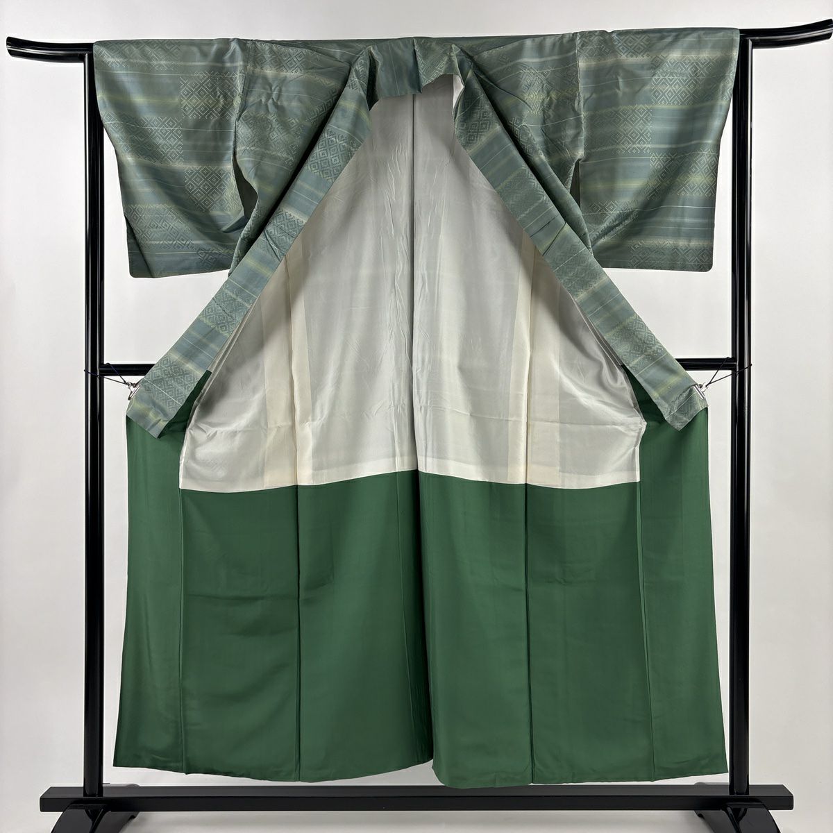 小紋 身長155.5cm 袖長64cm M 單層 紬織織 菱紋 縞紋 刺繡 灰綠 純蠶絲 名品級
