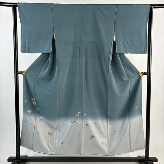 付下 身長151.5cm 袖長62cm S 雙層 松樹尾光琳 有落款 唐獅子 源氏香 金銀彩 漸層 青綠 純蠶絲 名品級