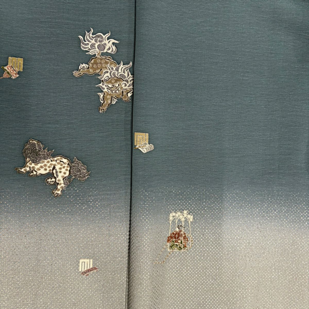 付下 身長151.5cm 袖長62cm S 雙層 松樹尾光琳 有落款 唐獅子 源氏香 金銀彩 漸層 青綠 純蠶絲 名品級